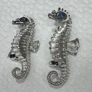 Silver Seahorse pins with Blue Accents (2) Vintage